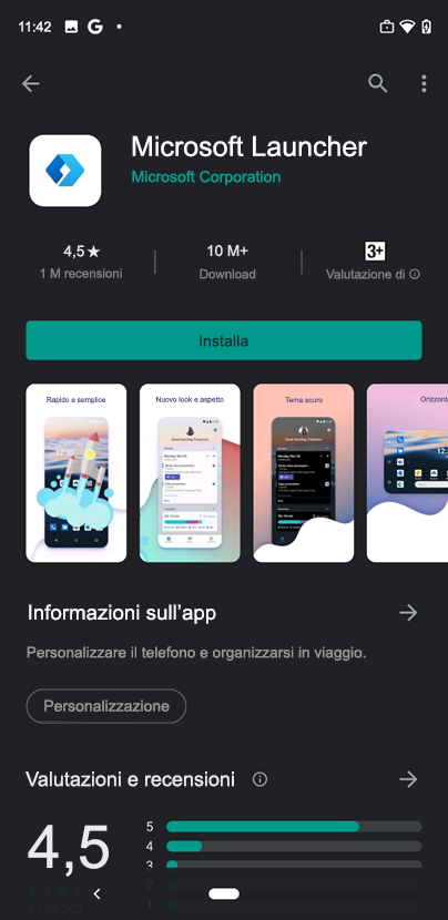 Pagina di Microsoft Launcher in Google Play con il pulsante Installa