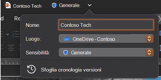 Elenco a discesa della barra del titolo espanso che mostra il nome del file, il percorso e la riservatezza.