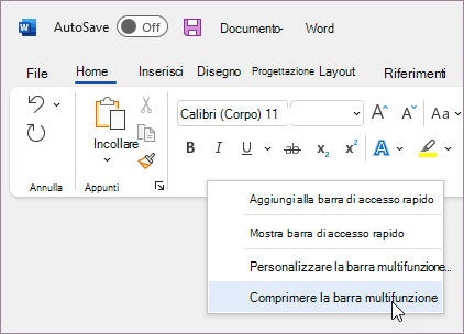 Comprimere la barra multifunzione