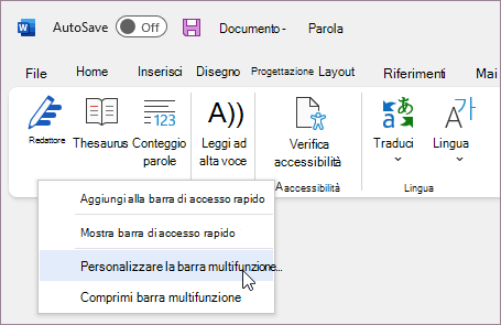 Selezionare Personalizza barra multifunzione