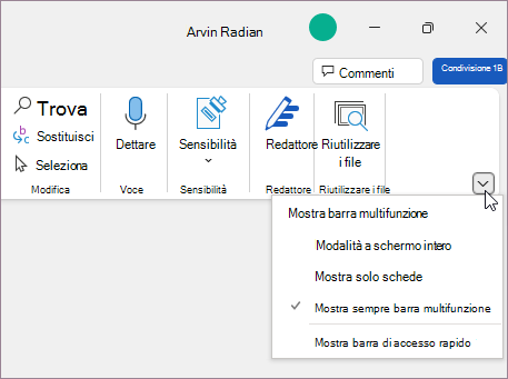 Opzione di visualizzazione della barra multifunzione menu