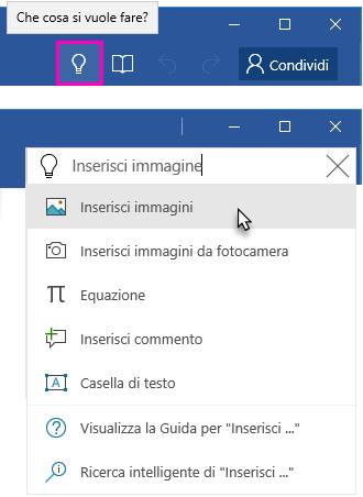 Barra multifunzione di Word con il campo di testo Dimmi