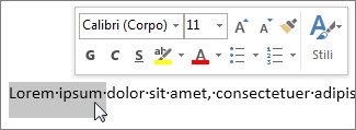 Barra di formattazione rapida con testo selezionato