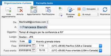 Invito a una riunione con due diversi fusi orari