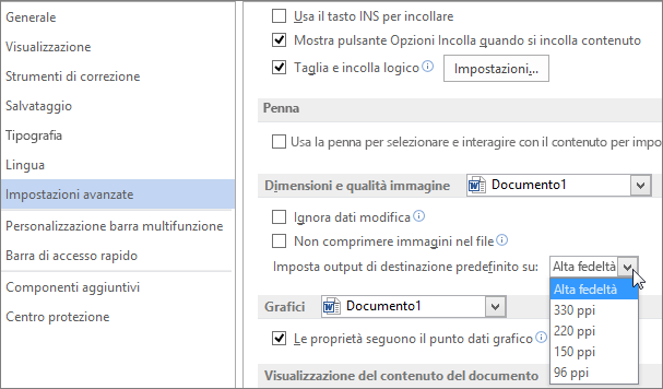Impostare la risoluzione predefinita dell'immagine