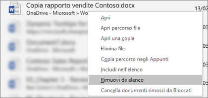 Menu di scelta rapida visualizzato quando si fa clic con il pulsante destro del mouse su un file nell'elenco dei file recenti