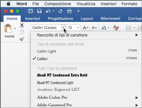 Fare clic sul menu a discesa relativo ai tipi di carattere in Word per modificare il tipo di carattere del testo.