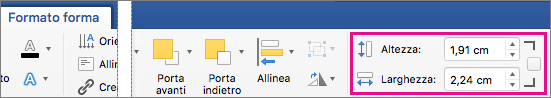 Opzioni Altezza e Larghezza evidenziate nella scheda Formato forma.