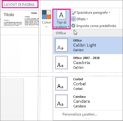 Raccolta Tipi di carattere nella scheda progettazione
