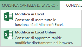 Comando Modifica in Excel Online nel menu Modifica cartella di lavoro
