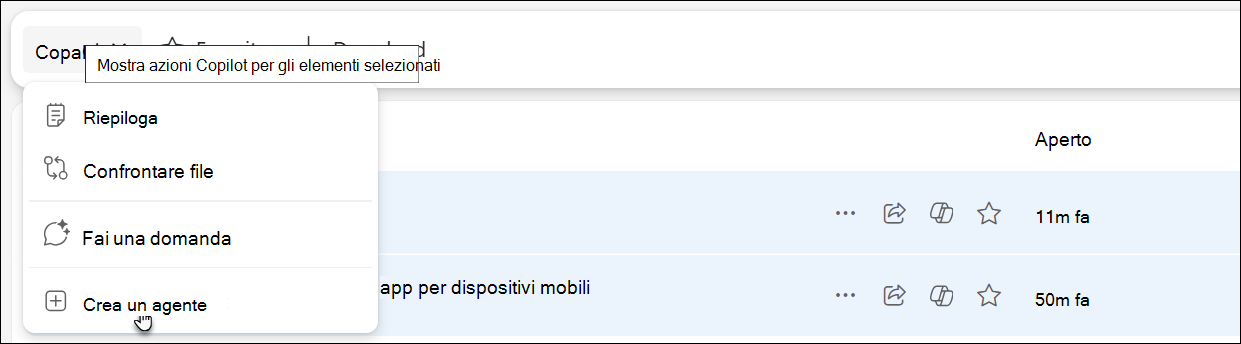 Screenshot che mostra come accedere e creare un agente in OneDrive.