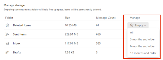 Impostazioni di archiviazione per Outlook.com.