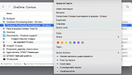 Mostra una schermata di OneDrive con un menu aperto.