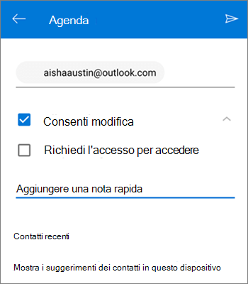 Screenshot che mostra l'invito di persone a condividere un file da OneDrive per Android