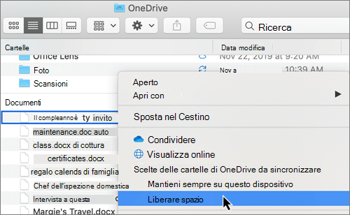 Screenshot delle opzioni di Files On-Demand di OneDrive nel Finder in un Mac