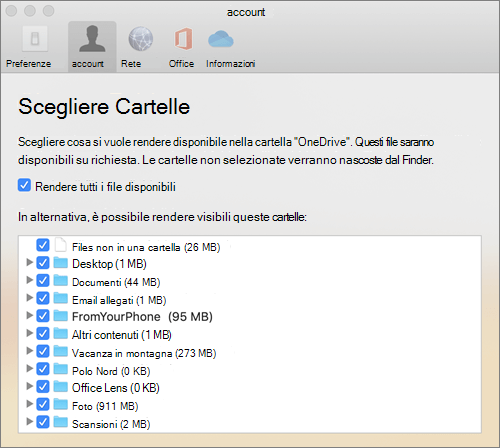 Finestra di dialogo Scegli cartelle nella finestra Preferenze di OneDrive per Mac