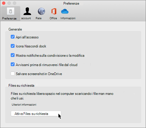 Screenshot delle preferenze in Mac per File di OneDrive su richiesta