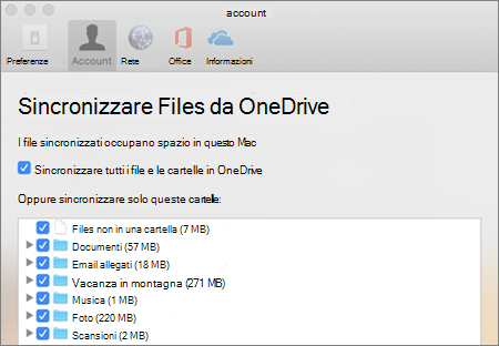 Finestra di dialogo Sincronizza cartelle per OneDrive per Mac