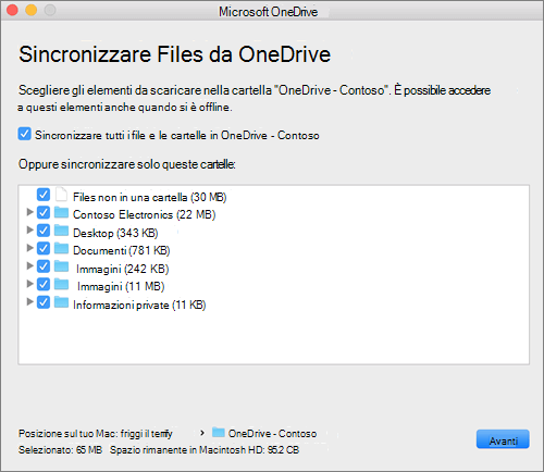 Screenshot del menu di configurazione di OneDrive per selezionare le cartelle o i file da sincronizzare.