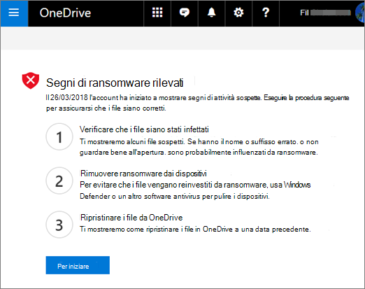 Screenshot della schermata Segni di ransomware rilevati nel sito Web di OneDrive