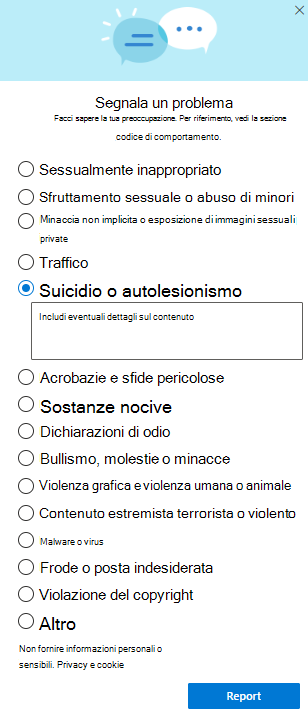 Screenshot della finestra di dialogo Segnala abusi in OneDrive