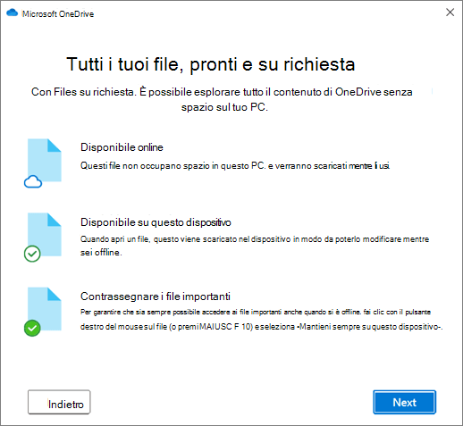 La schermata File su richiesta nella procedura guidata Benvenuto in OneDrive