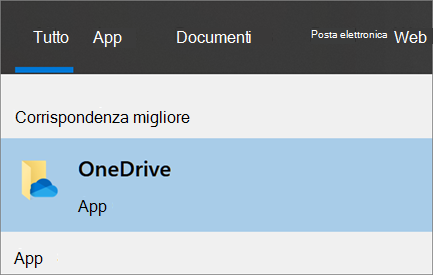 Ricerca dell'app desktop OneDrive in Windows 10