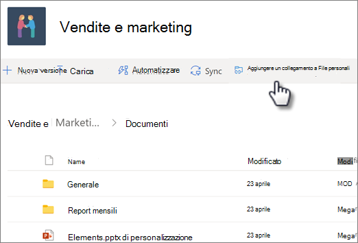 Screenshot dell'aggiunta di un collegamento a OneDrive da una raccolta condivisa