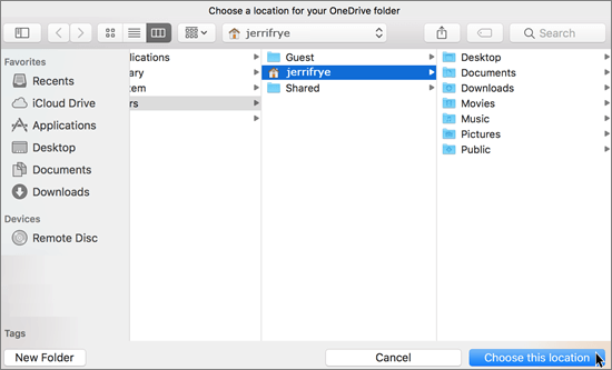 Scelta di un percorso di cartella nella procedura guidata Benvenuto in OneDrive in un Mac