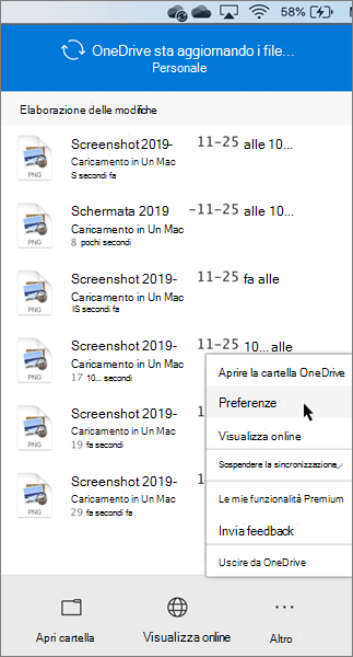 Screenshot dell'impostazione delle preferenze di OneDrive - Personale