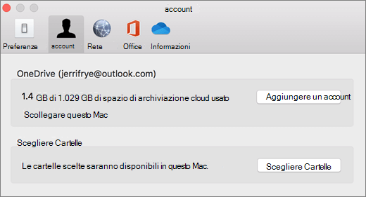 Screenshot dell'aggiunta di un account nelle preferenze di OneDrive in un Mac