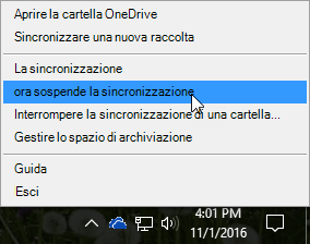 Screenshot del menu di OneDrive for Business precedente con il comando Sospendi sincronizzazione selezionato.