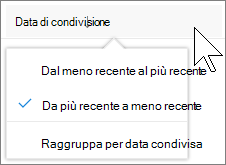 Screenshot dell'ordinamento per colonna nella visualizzazione Condivisi con me in OneDrive for Business
