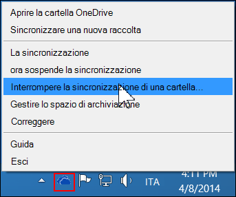Comando Interrompi la sincronizzazione di una cartella nel menu OneDrive for Business