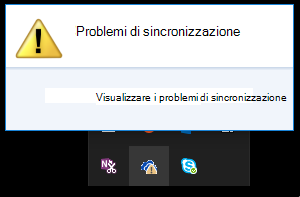 Finestra di dialogo iniziale dei problemi di sincronizzazione quando si fa clic sull'icona della nuvola