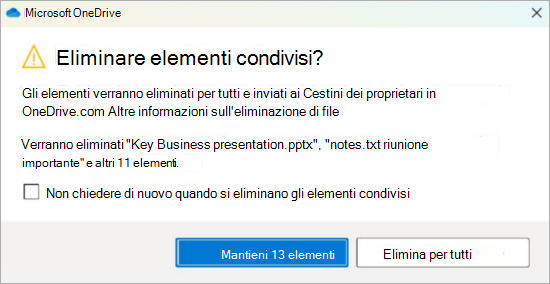 Screenshot della richiesta di conferma di OneDrive per l'eliminazione di file condivisi