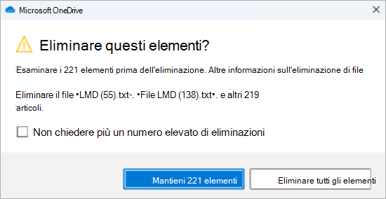Screenshot della richiesta di conferma di OneDrive per l'eliminazione di molti file