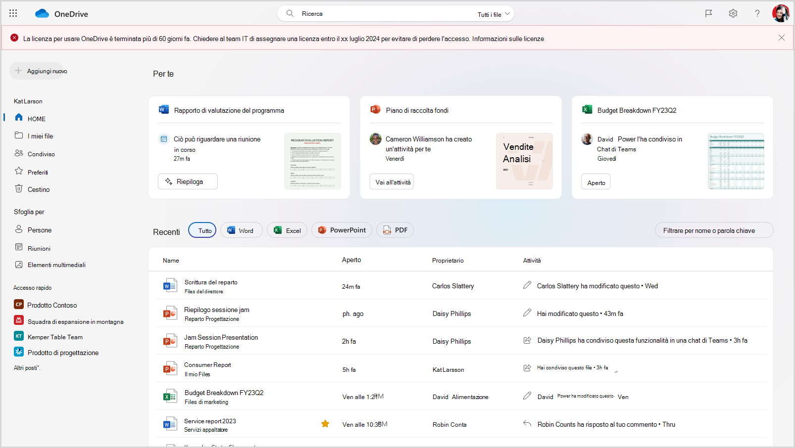 Screenshot del Web di OneDrive che mostra un account di OneDrive in modalità di sola lettura da 60-92 giorni.