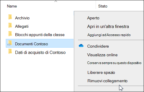 Collegamento Rimuovi di OneDrive in Esplora file