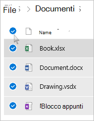 Screenshot della selezione di tutti i file e cartelle in OneDrive