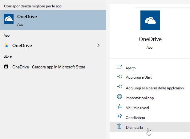 Disinstallazione dell'app OneDrive dello Store
