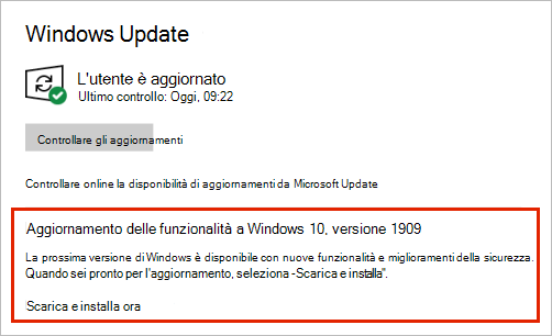 Windows Update che mostra il posizionamento degli aggiornamenti delle funzionalità
