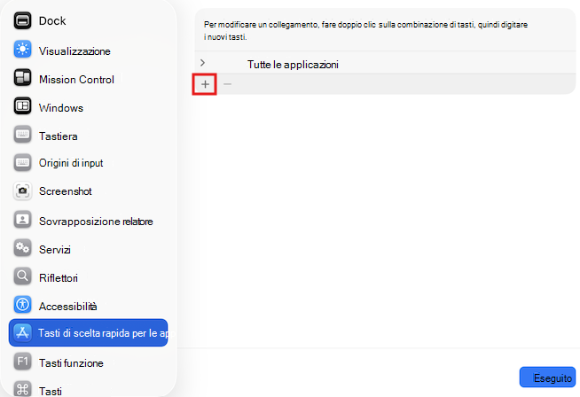 Screenshot delle scelte rapide da tastiera nel Mac.