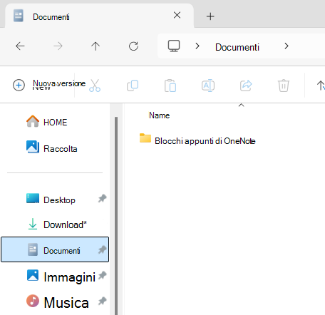 Cartella Documenti che mostra la sottocartella Blocco appunti di OneNote.