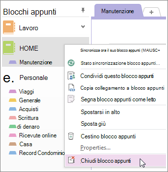 È possibile chiudere un blocco appunti se non è più necessario usarlo.