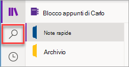 Posizione del pulsante Cerca in OneNote per Windows 10.