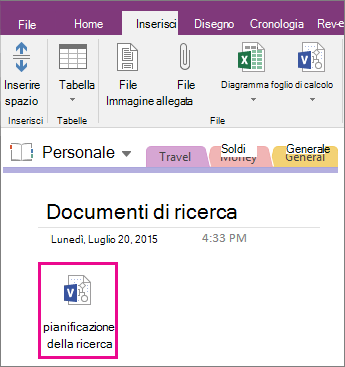 Screenshot che illustra come allegare un file di Visio a una pagina in OneNote 2016.