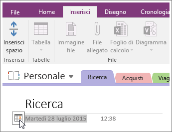 Screenshot che illustra come cambiare il timbro della data in una pagina in OneNote 2016.