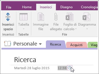 Screenshot che illustra come cambiare il timbro dell'ora in una pagina in OneNote 2016.