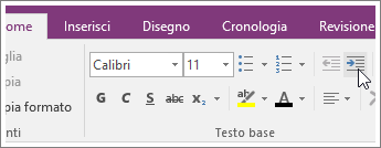 Screenhsot del pulsante Aumenta rientro in OneNote 2016.